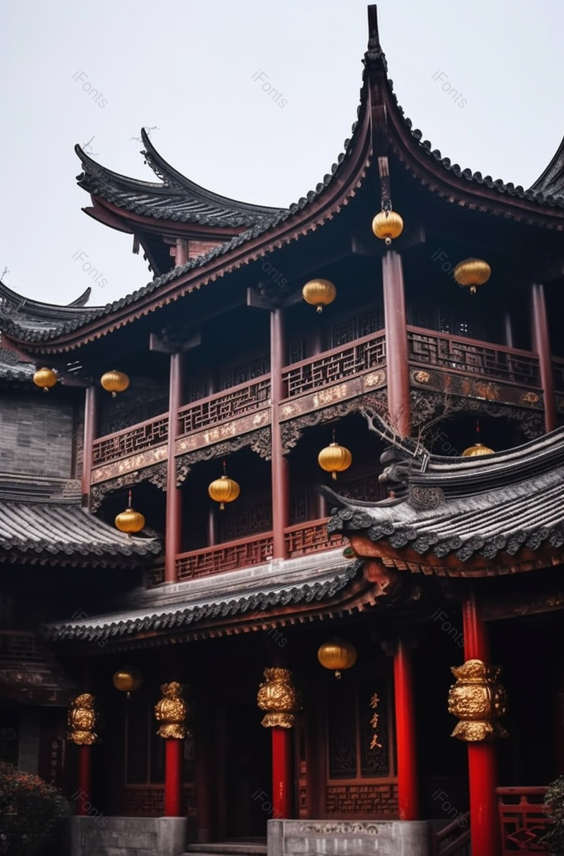 挂满灯笼的老式建筑物外部特写图,高清,摄影图,摄影图片,图片大全,摄影图免费下载